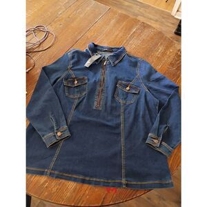 New 3X Agnes Orinda Denim Blue Jean Long Sleeve Shirt Top Blouse with Pockets